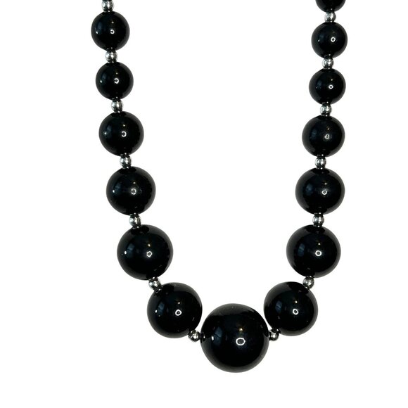 Statement Necklace Graduated Black Beads With Silver Beads & Chain Lobster Clasp - Picture 2 of 5